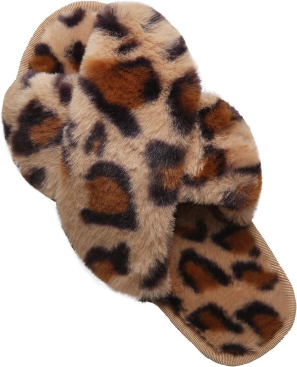 Women’s Cross Band Slippers, Soft Plush Fleece Lightweight Non Slip Open Toe Flip Flop Shoes House Indoor Outdoor Fur Fuzzy Slippers