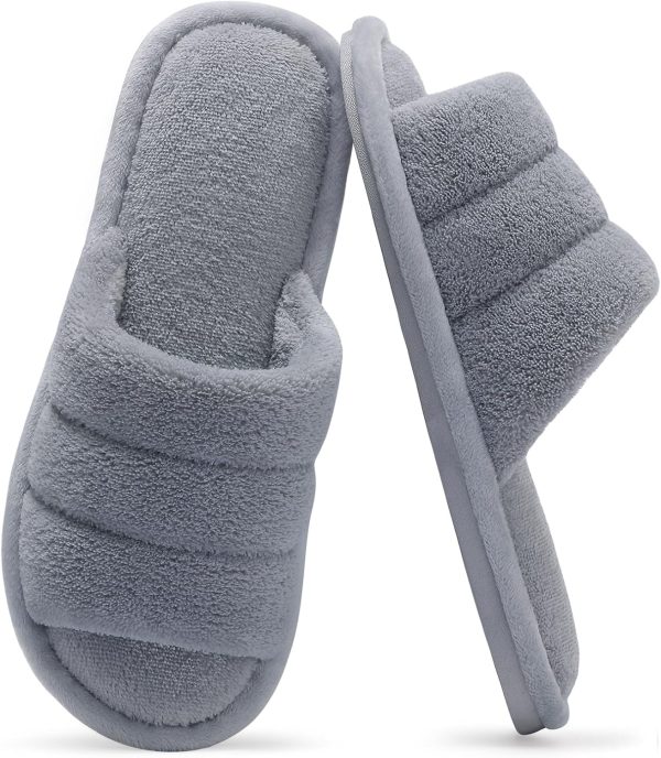 Terry Cloth Open Toe Slippers for Women Memory Foam Slip On House Slippers