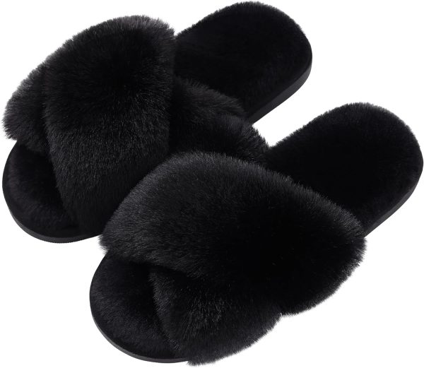 Women's Fuzzy Slippers Cross Band Memory Foam House Slippers Open Toe